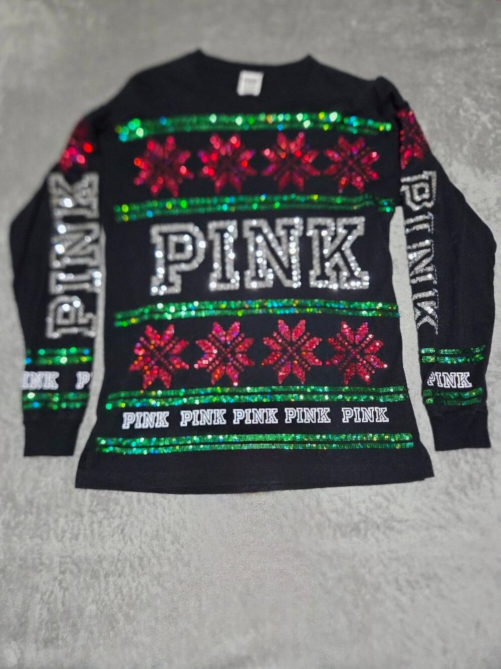 Victoria's Secret Pink Bling Campus Long Sleeve Top with Sequins SZ XS